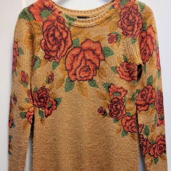 RUE 21 Women's 100% Acrylic Floral Print Crew Neck L/S Sweater - Tan Red Green - Picture 2 of 13
